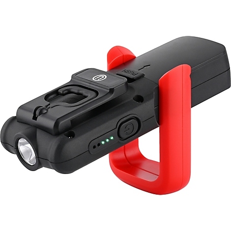Zwarte LED-zaklamp met rode houder. Met clip, drukknop en oplaadindicator.